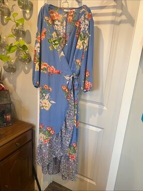 New York & Company Floral Wrap Dress with Red and Green Accents
